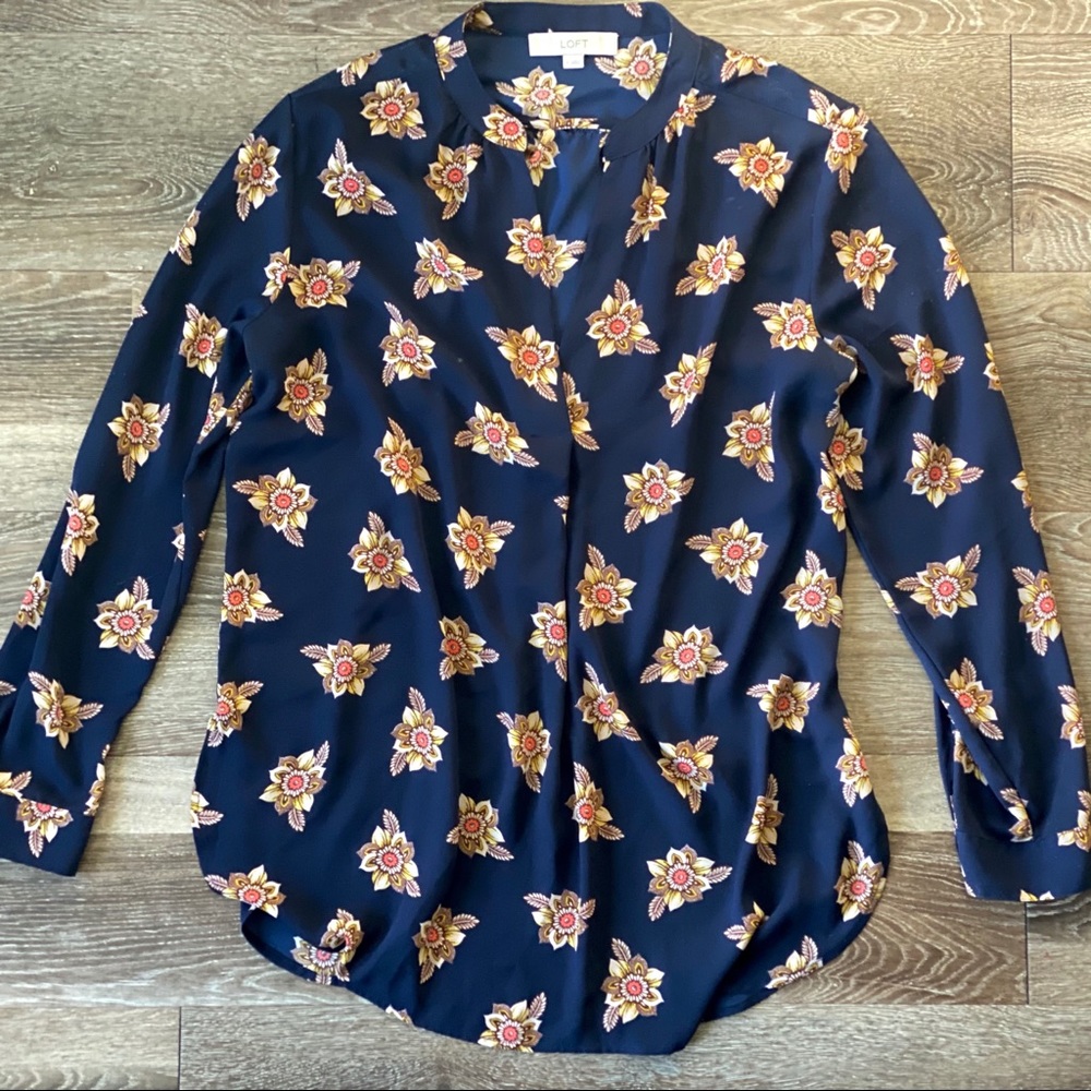 LOFT Navy Blue long sleeve blouse floral patterned